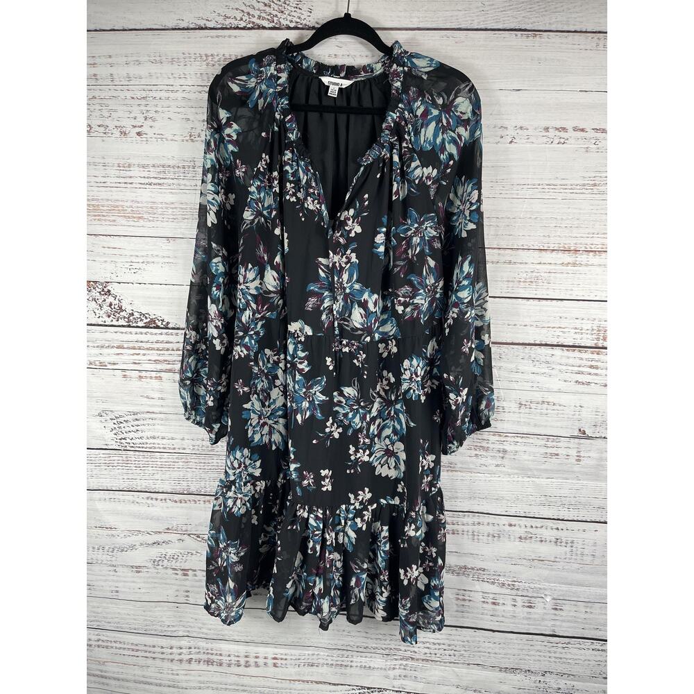 Studio A Dress Women's Size L Black Floral Tiered Long Sleeve Boho Sheer Ruffle